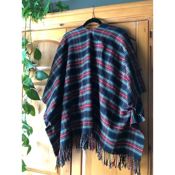 Talbots Tartan Plaid Open Front Ruana Wrap Cape Shawl Fringe M/L - Picture 9 of 13